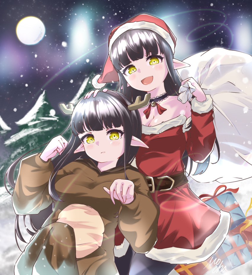 2girls bangs black_gloves black_hair blunt_bangs blush breasts christmas closed_mouth commentary cowboy_shot eyebrows_visible_through_hair eyeshadow gloves gold_trim grey_background hair_ornament hinoa holding_hands interlocked_fingers japanese_clothes large_breasts long_hair looking_at_viewer makeup medium_breasts minoto mocha_(pixiv61353737) monster_hunter_(series) monster_hunter_rise moon multiple_girls parted_lips pointy_ears red_eyeshadow siblings sidelocks simple_background sisters smile straight_hair tassel tsurime twins twitter_username wide_sleeves yellow_eyes