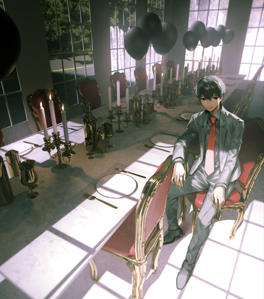 1boy balloon black_eyes black_footwear black_hair black_jacket black_pants black_shirt bottle candle candlestand chain collared_shirt colored_sclera commentary fork formal highres indoors ishida_(segu_ishida) jacket jewelry knife long_sleeves looking_at_viewer male_focus necktie original pants parted_lips plate red_necktie ring shirt shoes short_hair smile solo suit suit_jacket table wine_bottle yellow_sclera