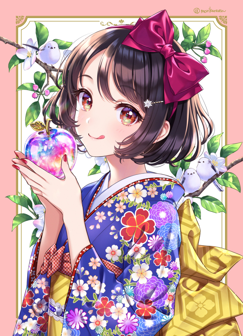1girl :q apple back_bow bangs bird black_hair blue_kimono blush border bow branch closed_mouth commentary_request floral_print food fruit hair_bow hair_ornament hairclip highres holding holding_food holding_fruit japanese_clothes kimono long_sleeves looking_at_viewer morikura_en nail_polish original outside_border pink_border purple_bow red_eyes red_nails short_hair simple_background smile solo swept_bangs tongue tongue_out twitter_username upper_body white_background wide_sleeves yellow_bow