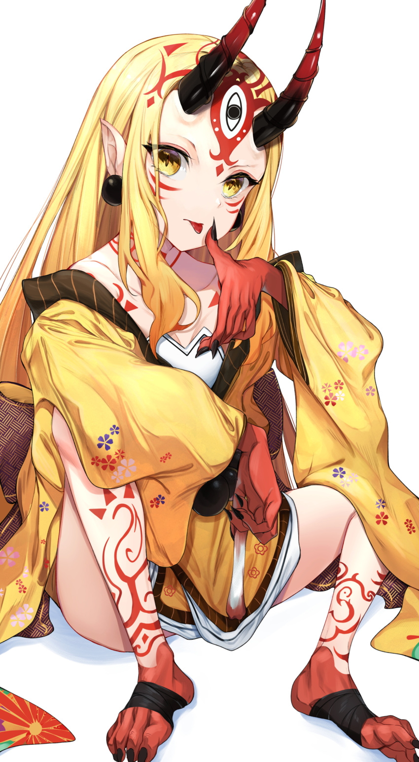 1girl absurdres bare_shoulders blonde_hair breasts facial_mark fate/grand_order fate_(series) feet forehead forehead_mark hair_pulled_back herigaru_(fvgyvr000) highres horns ibaraki_douji_(fate) japanese_clothes kimono long_hair long_sleeves looking_at_viewer off_shoulder oni oni_horns sash sitting small_breasts solo tattoo tongue tongue_out wide_sleeves yellow_eyes yellow_kimono