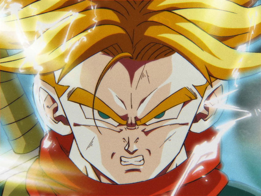 1990s_(style) 1boy animeajay blue_eyes blue_jacket clenched_teeth denim denim_jacket derivative_work dragon_ball dragon_ball_super electricity english_commentary film_grain forehead glowing highres hisada_kazuya_(style) jacket looking_at_viewer male_focus neckerchief portrait red_neckerchief retro_artstyle screencap_redraw serious solo spiky_hair strap super_saiyan super_saiyan_2 sword sword_behind_back teeth trunks_(dragon_ball) trunks_(future)_(dragon_ball) v-shaped_eyebrows weapon weapon_on_back yamamuro_tadayoshi_(style)