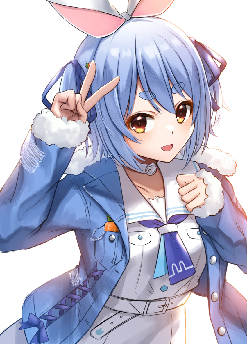 1girl :d absurdres akky_(akimi1127) animal_ears arm_up bangs blue_hair blue_jacket blue_ribbon brown_eyes commentary_request dress eyebrows_visible_through_hair fur-trimmed_jacket fur-trimmed_sleeves fur_trim hair_between_eyes hair_ribbon highres hololive jacket long_sleeves looking_at_viewer open_clothes open_jacket rabbit_ears ribbon short_eyebrows simple_background sleeves_past_wrists smile solo thick_eyebrows two_side_up usada_pekora v virtual_youtuber white_background white_dress