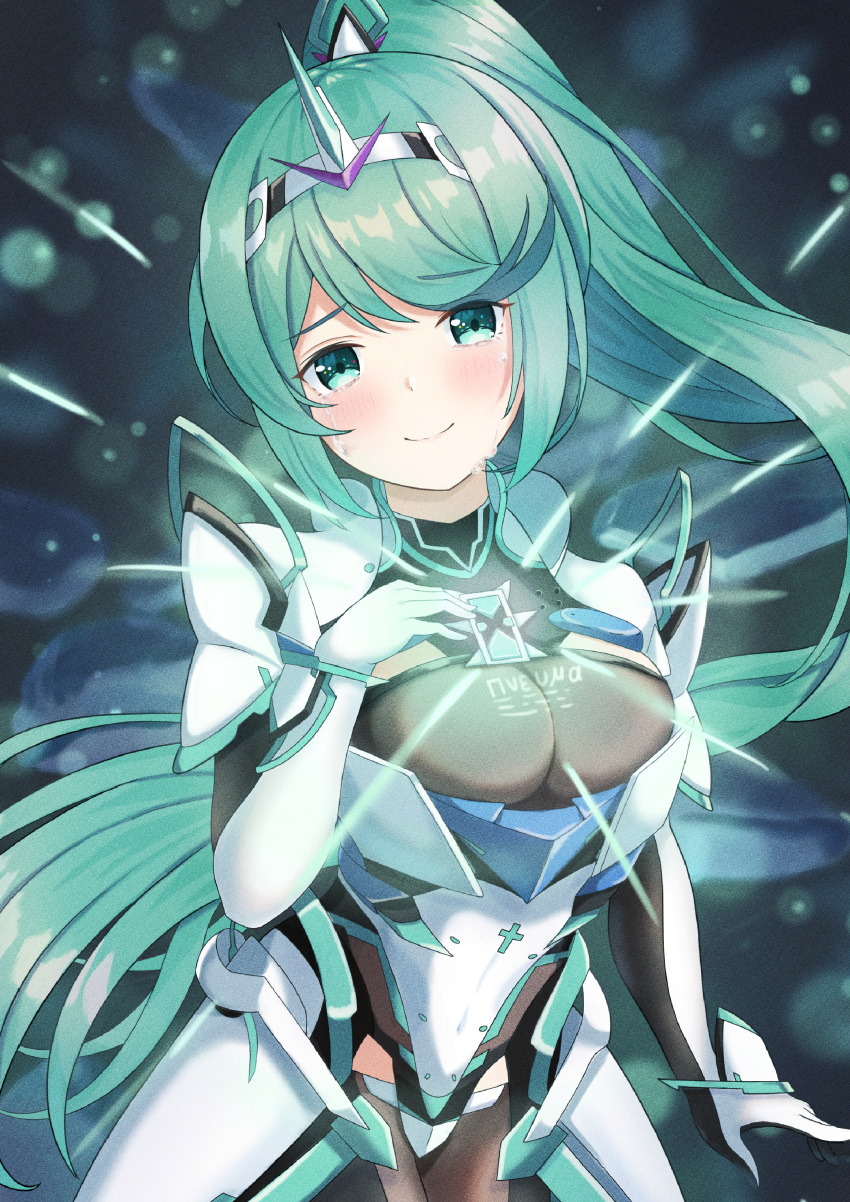 1girl absurdres bangs breasts chest_jewel earrings gem gloves greek_text green_eyes green_hair headpiece highres jewelry kaede_(maple4rt) large_breasts long_hair pneuma_(xenoblade) ponytail solo swept_bangs tiara very_long_hair xenoblade_chronicles_(series) xenoblade_chronicles_2