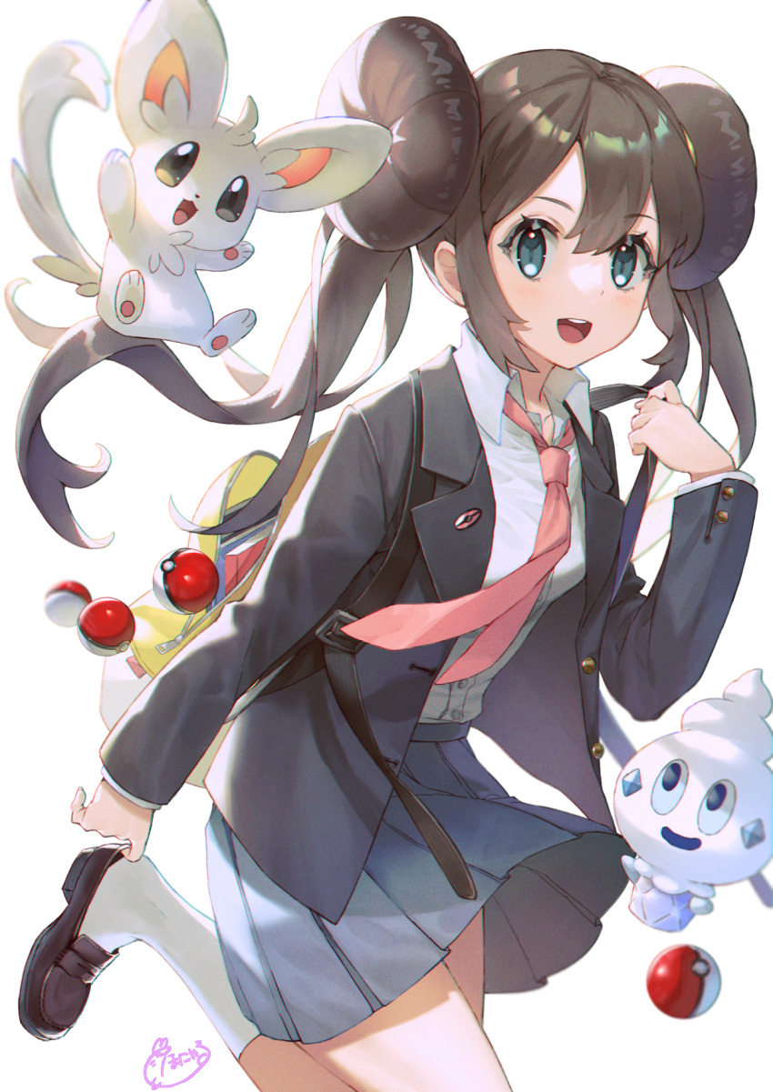 1girl :d adjusting_footwear backpack bag bangs black_footwear black_hair black_jacket blazer blue_eyes blue_skirt blush breasts collared_shirt commentary_request double_bun dress_shirt eyebrows_visible_through_hair hair_between_eyes hand_up highres honyaru_(nanairo39) jacket loafers long_hair minccino necktie open_clothes open_jacket pink_necktie pleated_skirt poke_ball poke_ball_(basic) pokemon pokemon_(creature) pokemon_(game) pokemon_bw2 rosa_(pokemon) school_uniform shirt shoes signature simple_background skirt small_breasts smile socks teeth twintails upper_teeth vanillite very_long_hair white_background white_legwear white_shirt