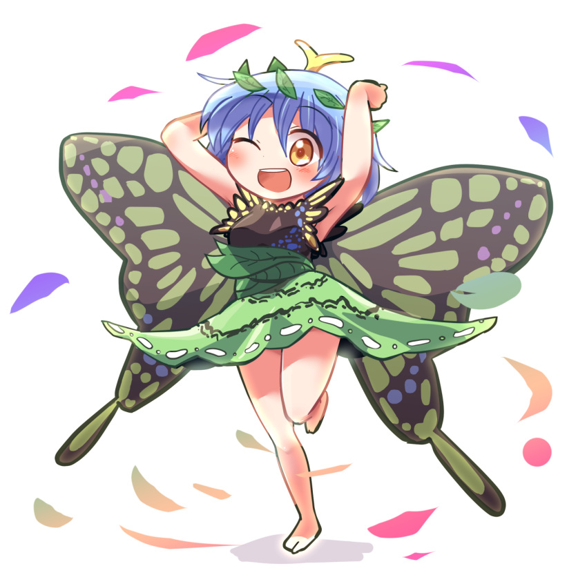 1girl antennae aqua_hair bare_legs barefoot blush butterfly_wings dress eternity_larva eyebrows_visible_through_hair fairy full_body green_dress hair_between_eyes highres leaf leaf_on_head multicolored_clothes multicolored_dress one_eye_closed open_mouth orange_eyes rokugou_daisuke short_hair short_sleeves simple_background single_strap smile solo teeth touhou upper_teeth white_background wings