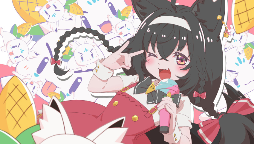 1girl absurdres ahoge animal_ear_fluff animal_ears bangs black_hair blush braid commentary_request corn dress dutch_angle earrings eyebrows_visible_through_hair fang fox_ears fox_girl fox_shadow_puppet fox_tail hair_between_eyes hair_intakes hairband highres holding holding_microphone hololive jewelry long_hair looking_at_viewer microphone one_eye_closed open_mouth pentagram pinafore_dress red_dress red_eyes shin'iri shirt short_sleeves sidelocks single_braid skin_fang sukonbu_(shirakami_fubuki) tail tongue tongue_out twin_braids v-shaped_eyebrows virtual_youtuber white_shirt wrist_cuffs younger