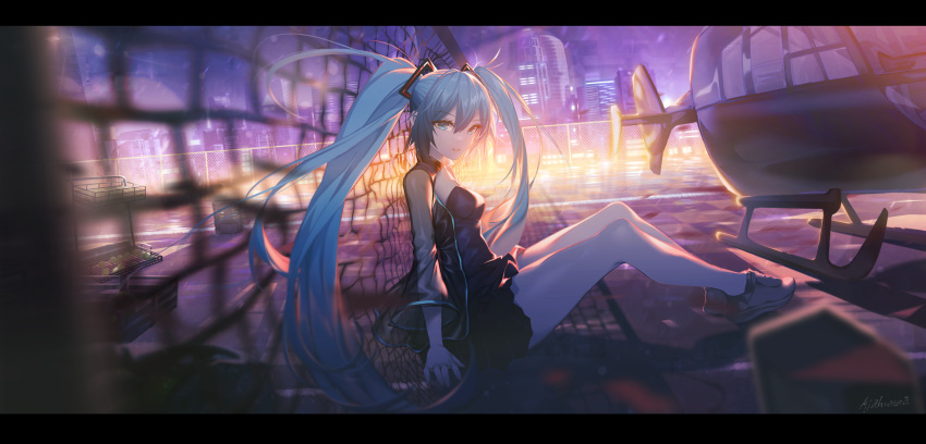 1girl absurdres aircraft ajahweea bangs black_dress black_jacket blue_eyes blue_hair blurry blurry_foreground breasts chain-link_fence cityscape depth_of_field dress eyebrows_visible_through_hair fence grey_footwear hair_between_eyes hatsune_miku helicopter highres jacket knees_up long_hair long_sleeves looking_at_another looking_at_viewer medium_breasts open_clothes open_jacket outdoors parted_lips see-through see-through_sleeves shoes sitting solo tennis_court tennis_net twintails very_long_hair vocaloid wide_sleeves