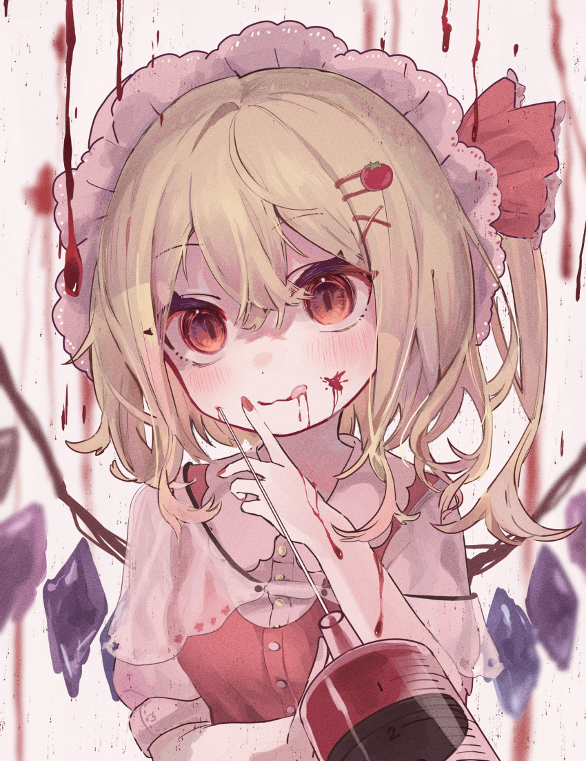 1girl :q absurdres ameshi_(rzuw4482) blonde_hair blood blood_on_face blurry crystal depth_of_field flandre_scarlet hat highres long_hair mob_cap one_side_up solo syringe tongue tongue_out touhou upper_body wings