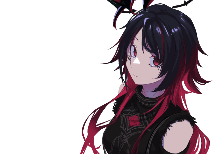 1girl absurdres bangs black_hair black_shirt breasts closed_mouth commentary_request gin_(tttetu123) gradient_hair highres iris_black_games kisaragi_ren_(vtuber) long_hair looking_at_viewer medium_breasts multicolored_hair red_eyes redhead shirt simple_background smile solo torn_clothes torn_sleeves transparent_background upper_body virtual_youtuber vspo!
