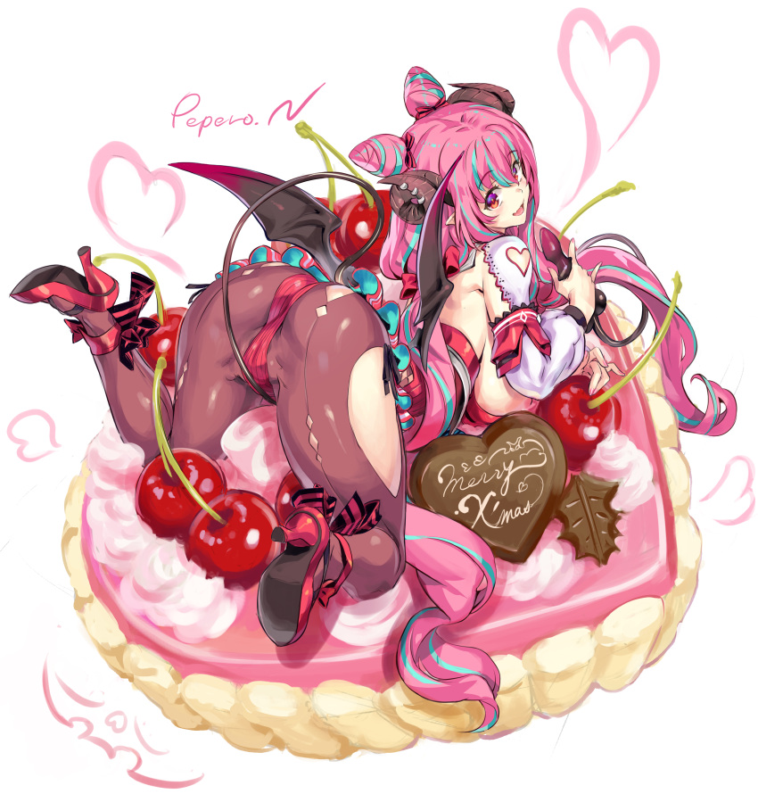 1girl absurdres ass backless_leotard bangs black_horns black_tail black_wings blue_hair breasts brown_legwear character_name cherry chocolate christmas clothing_cutout commentary_request demon_girl demon_horns demon_tail demon_wings double_bun english_text eyebrows_visible_through_hair fang floating food fruit heart high_heels highres holding_tail horns indie_virtual_youtuber kiyama_satoshi large_breasts leotard long_hair long_sleeves looking_at_viewer looking_back lying merry_christmas multicolored_hair nakajima_pepero on_food on_stomach open_mouth oversized_object pantyhose partial_commentary pie pink_hair red_eyes red_footwear red_leotard ribbed_leotard shirt sideboob simple_background smile solo streaked_hair tail very_long_hair white_background white_shirt wings