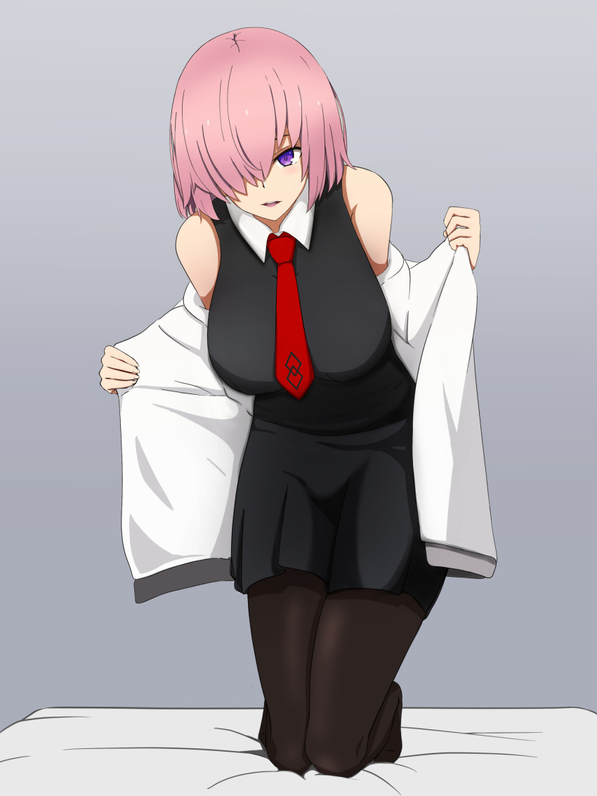 1girl absurdres bangs black_legwear blush breasts closed_mouth collared_shirt fate/grand_order fate_(series) from_side highres kazekawa_gamu looking_at_viewer mash_kyrielight necktie pantyhose pink_eyes pink_hair red_necktie shirt short_hair solo sweater white_sweater zipper_pull_tab