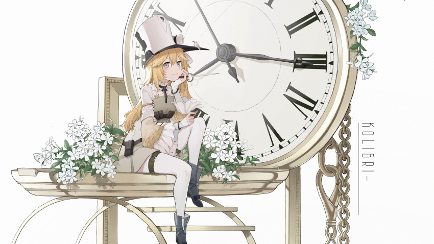 1girl absurdres afa ammunition_pouch arm_support baton_(conducting) bird blonde_hair blue_eyes boots bracelet breasts character_name check_commentary clock commentary_request dress flower frilled_sleeves frills girls_frontline gun hair_between_eyes hand_on_own_chin handgun hat highres holding holding_gun holding_weapon hummingbird jewelry knee_up kolibri kolibri_(girls'_frontline) long_hair pantyhose pocket_watch pouch sleeves_past_wrists small_breasts smile solo thigh_strap watch weapon wide_sleeves