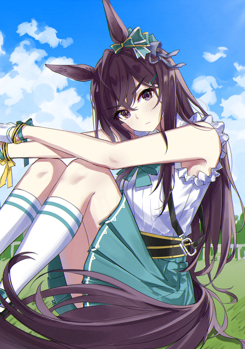 1girl absurdres animal_ears bangs blush bow bowtie closed_mouth clouds ear_bow frown gloves grass green_bow green_bowtie green_skirt hair_ornament hairclip head_tilt highres horse_ears horse_girl horse_tail knees_up long_hair looking_at_viewer mejiro_dober_(umamusume) outdoors pleated_skirt shirt shirt_tucked_in sitting skirt sleeveless sleeveless_shirt socks solo suspenders tail umamusume v-shaped_eyebrows violet_eyes white_gloves white_legwear white_shirt yuu_(youh4016)