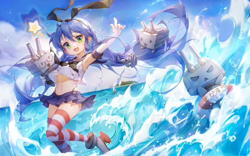 1girl :d absurdres ankle_cuffs bangs black_neckerchief black_ribbon blue_eyes blue_sailor_collar blue_skirt bow_hairband clouds cloudy_sky crop_top day elbow_gloves eyebrows_visible_through_hair floating_hair gloves green_eyes hair_between_eyes hairband highleg highres irisrey kantai_collection lifebuoy long_hair looking_at_viewer navel neckerchief ocean outdoors pleated_skirt rensouhou-chan ribbon sailor_collar shimakaze_(kancolle) shirt skirt sky sleeveless sleeveless_shirt smile solo stomach striped striped_legwear thigh-highs translation_request very_long_hair white_gloves white_shirt
