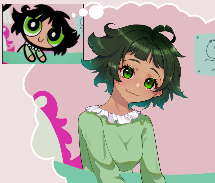 1girl bangs black_hair blunt_bangs breasts buttercup_(ppg) buttercup_redraw_challenge green_eyes green_pajamas hiiro88291210 looking_at_viewer messy_hair powerpuff_girls reference_inset shadow short_hair small_breasts smile solo upper_body