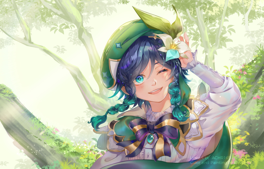 1boy absurdres androgynous bangs basakila beret bow bowtie braid eyebrows_visible_through_hair flower genshin_impact green_eyes green_headwear hat highres looking_at_viewer morning multicolored_hair outdoors portrait smile solo venti_(genshin_impact)