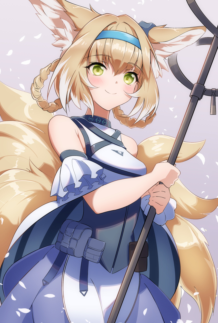 1girl absurdres animal_ear_fluff animal_ears apron arknights bangs bare_shoulders blue_hairband blush breasts brown_hair closed_mouth commentary_request eyebrows_visible_through_hair fox_ears fox_girl fox_tail green_eyes hair_between_eyes hairband highres holding kiso_(wjnomcuzqmdjcql) kitsune looking_at_viewer multicolored_hair purple_skirt shirt skirt small_breasts smile solo suzuran_(arknights) tail two-tone_hair waist_apron white_apron white_hair white_shirt