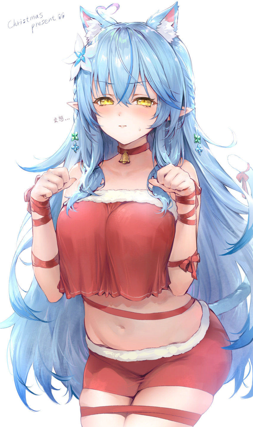 1girl alternate_costume animal_ear_fluff animal_ears bangs bell blue_hair blush breasts cat_ears cat_tail choker christmas closed_mouth crop_top eyebrows_visible_through_hair flower hair_flower hair_ornament haoni highres hololive jingle_bell midriff navel pointy_ears red_choker red_ribbon red_shorts ribbon santa_costume shorts solo stomach sweatdrop tail tail_ornament tail_ribbon virtual_youtuber yellow_eyes yukihana_lamy