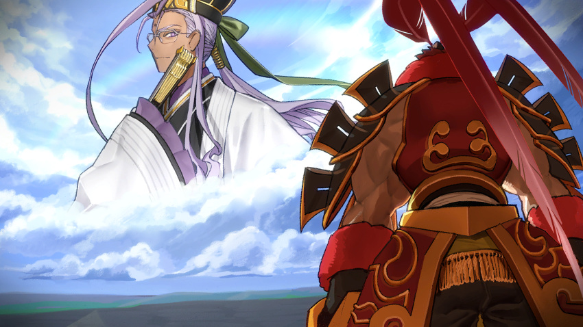 2boys armored_skirt back bow chen_gong_(fate) chinese_armor chinese_clothes clouds cloudy_sky coat dark_skin fate/extella fate/extra fate_(series) folding_fan game_cg green_bow green_ribbon hair_bow hairband hand_fan highres looking_at_another looking_down lu_bu_(fate) multiple_boys non-web_source official_art photoshop_(medium) ponytail purple_hair redhead ribbon sky violet_eyes wada_arco white_coat