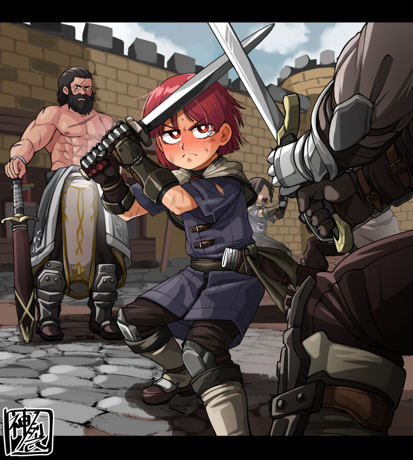 armor armored_boots armored_dress boots castle clouds commentary_request fantasy fighting_stance fortress gauntlets highres holding holding_weapon kaminosaki multiple_boys muscular muscular_male palace ragnarok_online red_eyes redhead solo_focus sword swordsman_(ragnarok_online) topless_male weapon