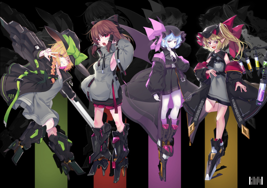 4girls alternate_costume arm_up bandaid bandaid_on_face bangs bat_wings black_bow black_headwear black_jacket blonde_hair blush bow braid breasts brown_eyes brown_hair clothes_writing commentary_request crystal detached_sleeves english_text flandre_scarlet full_body green_bow green_ribbon grey_sleeves grey_sweater grin hair_bow hair_tubes hakurei_reimu hand_in_pocket hat hat_bow hat_ribbon high_heels jacket kirisame_marisa light_blue_hair long_hair long_sleeves looking_at_viewer mechanical_legs medium_breasts mob_cap multiple_girls open_mouth pointy_ears red_bow red_eyes red_ribbon remilia_scarlet ribbon shiny shiny_hair short_hair siblings sideboob sidelocks single_braid sisters smile standing standing_on_one_leg sweater teeth tendou_kaoru touhou v_over_eye wings witch_hat yellow_eyes