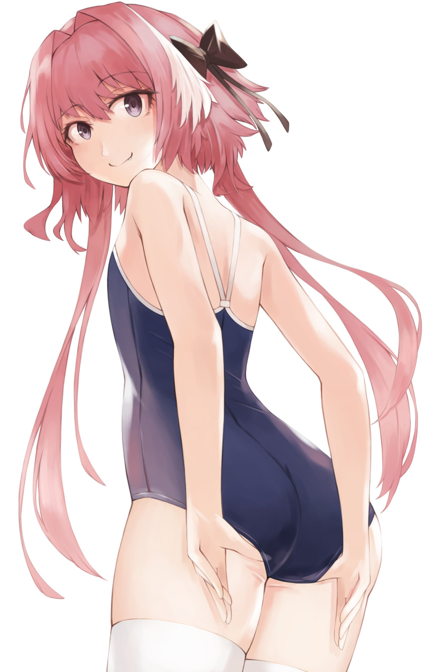 1boy absurdres ass astolfo_(fate) bangs bare_arms bare_shoulders beisaku_bei black_bow bow closed_mouth eyebrows_visible_through_hair fate/grand_order fate_(series) from_behind hair_bow highres long_hair looking_at_viewer looking_back otoko_no_ko pink_hair school_swimsuit simple_background smile swimsuit thigh-highs thighs white_background white_legwear