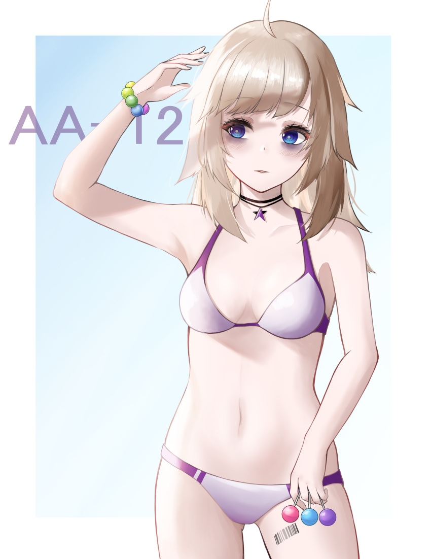 1girl aa-12_(girls'_frontline) absurdres bangs barcode barcode_tattoo bare_shoulders bikini blonde_hair blue_eyes bracelet breasts bruise bruised_eye candy character_name closed_mouth codename696 collarbone eyebrows_visible_through_hair feet_out_of_frame food girls_frontline hand_up highres holding holding_candy holding_food holding_lollipop injury jewelry leg_tattoo lollipop long_hair looking_up medium_breasts navel neck_ribbon necklace ribbon simple_background solo standing star_(symbol) star_necklace swimsuit tattoo white_bikini white_swimsuit