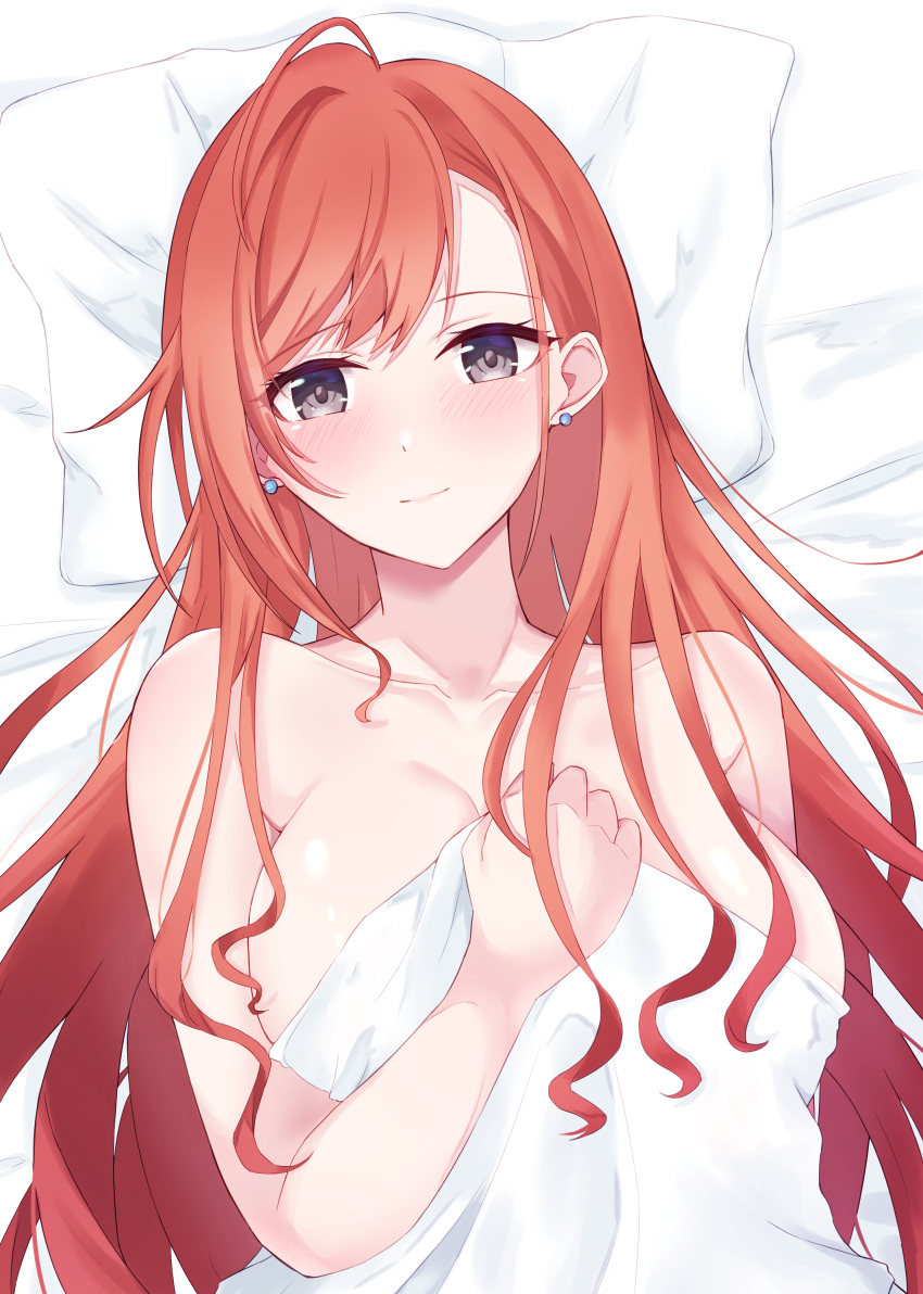 1girl 777nasu absurdres ahoge arisugawa_natsuha bed_sheet blanket blush breasts collarbone completely_nude covered_nipples covering covering_breasts earrings highres holding holding_blanket idolmaster idolmaster_shiny_colors jewelry large_breasts light_smile long_hair looking_at_viewer lying nude on_back orange_hair pillow solo upper_body very_long_hair