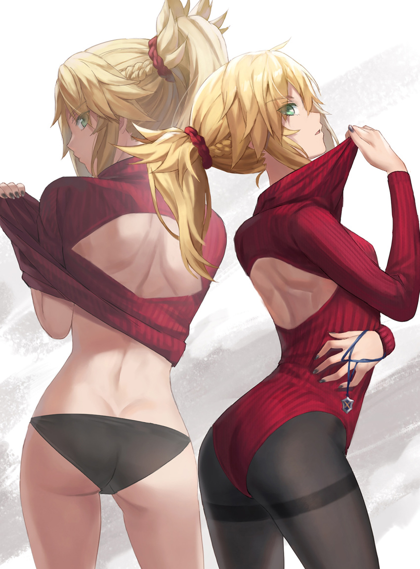 1girl ass back back_cutout bangs black_leotard blonde_hair braid breasts clothing_cutout fate/apocrypha fate_(series) french_braid green_eyes highres jewelry jewelry_removed leotard long_hair long_sleeves looking_at_viewer looking_back mordred_(fate) mordred_(fate/apocrypha) multiple_views necklace necklace_removed pantyhose parted_bangs parted_lips pendant ponytail red_legwear revision sidelocks small_breasts tonee turtleneck_leotard