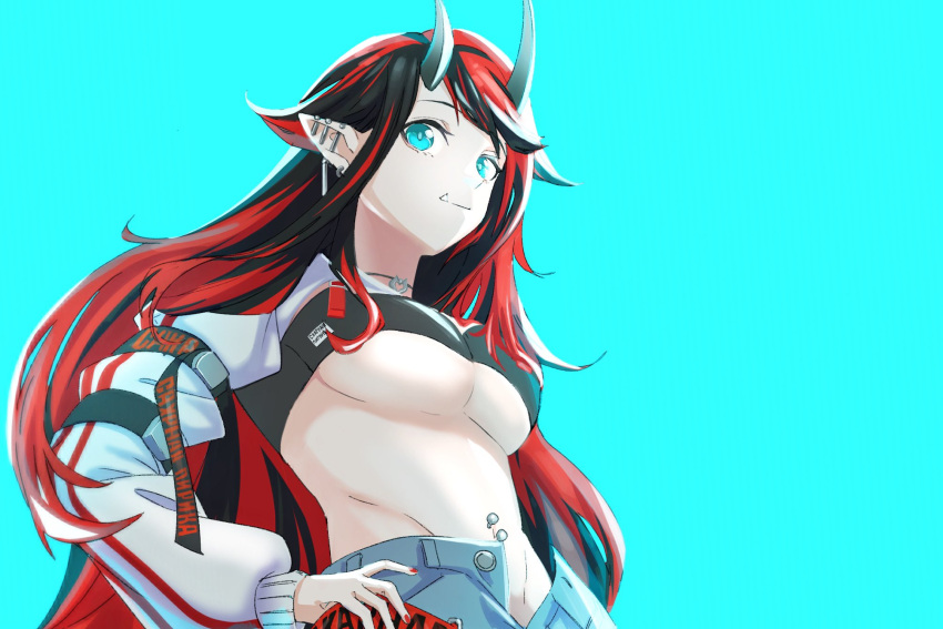 1girl arm_strap bangs belt bikini bikini_top black_bikini black_hair blue_background blue_eyes blue_shorts breasts closed_mouth commentary_request demon_girl demon_horns ear_piercing gin_(tttetu123) hand_on_hip highres horns jacket large_breasts long_hair looking_at_viewer loose_belt midriff multicolored_hair nail_polish navel navel_piercing no_eyewear official_alternate_costume open_fly piercing pointy_ears red_belt red_nails redhead russian_text ryugasaki_rene short_shorts shorts shrug_(clothing) simple_background single_sleeve smile solo striped striped_jacket sugar_lyric swimsuit two-tone_hair under_boob upper_body virtual_youtuber white_jacket