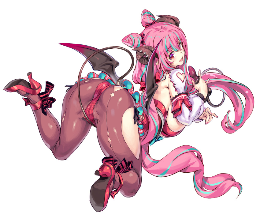 1girl ass backless_leotard bangs black_horns black_tail black_wings blue_hair breasts brown_legwear clothing_cutout commentary_request demon_girl demon_horns demon_tail demon_wings double_bun eyebrows_visible_through_hair fang floating high_heels highres holding_tail horns indie_virtual_youtuber kiyama_satoshi large_breasts leotard long_hair long_sleeves looking_at_viewer looking_back multicolored_hair nakajima_pepero open_mouth pantyhose partial_commentary pink_hair red_eyes red_footwear red_leotard ribbed_leotard shirt sideboob simple_background smile solo streaked_hair tail very_long_hair white_background white_shirt wings
