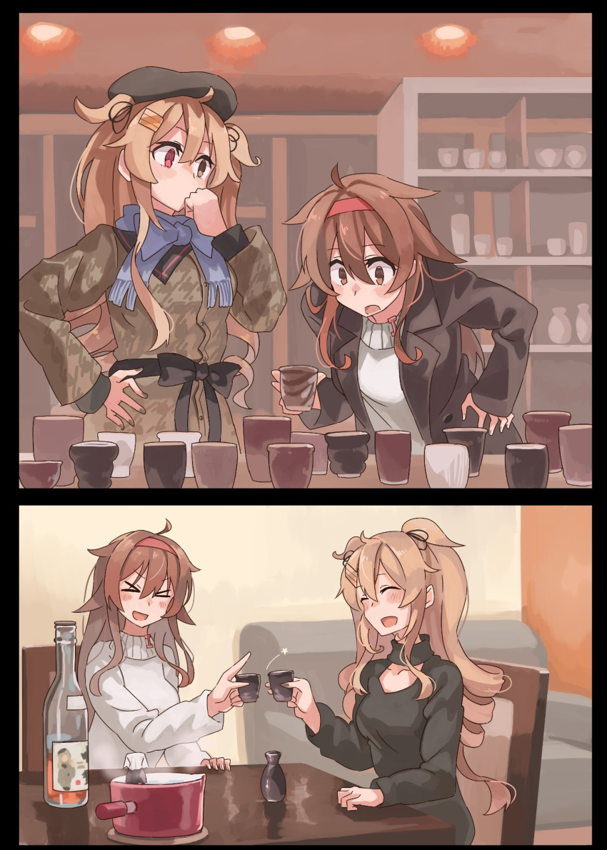 2girls ahoge alcohol alternate_costume black_jacket black_ribbon blue_ribbon brown_eyes brown_hair brown_jacket closed_eyes covering_mouth cup green_jacket hair_flaps hair_ornament hair_ribbon hairband hairclip hand_over_own_mouth happy highres holding holding_cup jacket kantai_collection light_brown_hair long_hair long_sleeves multiple_girls murasame_(kancolle) neck_ribbon open_mouth orange_eyes purple_ribbon red_hairband remodel_(kantai_collection) ribbon sake scarf shiratsuyu_(kancolle) short_hair sugue_tettou sweater toast_(gesture) twintails white_sweater