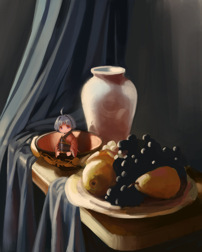 1girl absurdres ahoge bangs bowl closed_mouth curtains english_commentary food fruit grapes highres in_container indoors japanese_clothes joaoloss4 kimono looking_at_viewer minigirl pear pot purple_hair red_eyes red_kimono sash short_hair smile solo sukuna_shinmyoumaru touhou