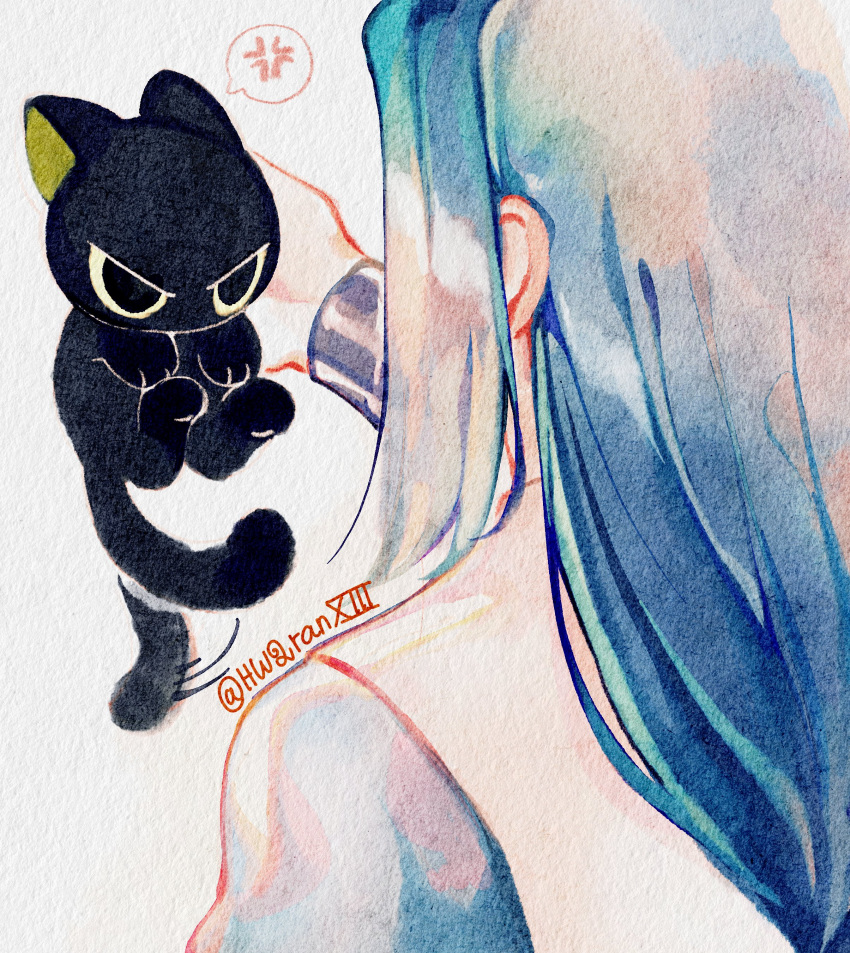 2boys absurdres angry animal black_cat blue_hair cat from_behind highres holding holding_animal holding_cat hwqranxiii long_hair luoxiaohei multiple_boys simple_background the_legend_of_luo_xiaohei twitter_username white_background wuxian_(the_legend_of_luoxiaohei)