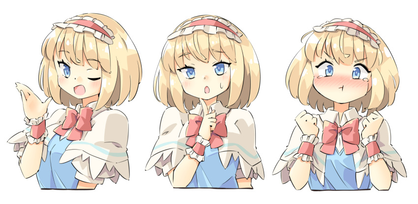 1girl :o :t ;d alice_margatroid annoyed arnest bangs blonde_hair blue_eyes blush bob_cut bow bowtie capelet clenched_hands closed_mouth cropped_torso dot_nose expressions eyebrows_visible_through_hair finger_to_own_chin frilled_cuffs frilled_hairband frills from_side full-face_blush furrowed_brow hairband hand_up hands_up highres index_finger_raised lolita_hairband looking_at_viewer looking_to_the_side multiple_views no_nose nose_blush one_eye_closed open_mouth pale_color parted_lips pout puffy_short_sleeves puffy_sleeves raised_eyebrow red_bow red_bowtie red_hairband shiny shiny_hair shiny_skin short_hair short_sleeves simple_background smile straight-on sweat tearing_up touhou upper_body v-shaped_eyebrows white_background white_capelet wide-eyed wing_collar wrist_cuffs