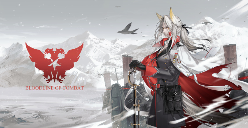 1boy absurdres animal_ears arknights armor banner belt bird black_coat black_gloves buttons cape coat double-breasted english_text facial_hair full_armor gloves glowing glowing_eyes goatee gradient_hair grey_coat hellagur_(arknights) highres jewelry long_hair long_sleeves looking_at_viewer male_focus medal military military_uniform mountain mountainous_horizon multicolored_hair outdoors pendant people ponytail shield sideways_glance sideways_mouth snow solo sword tail torn_cape torn_clothes uniform weapon white_hair wind yellow_eyes yuu_(youh4016)