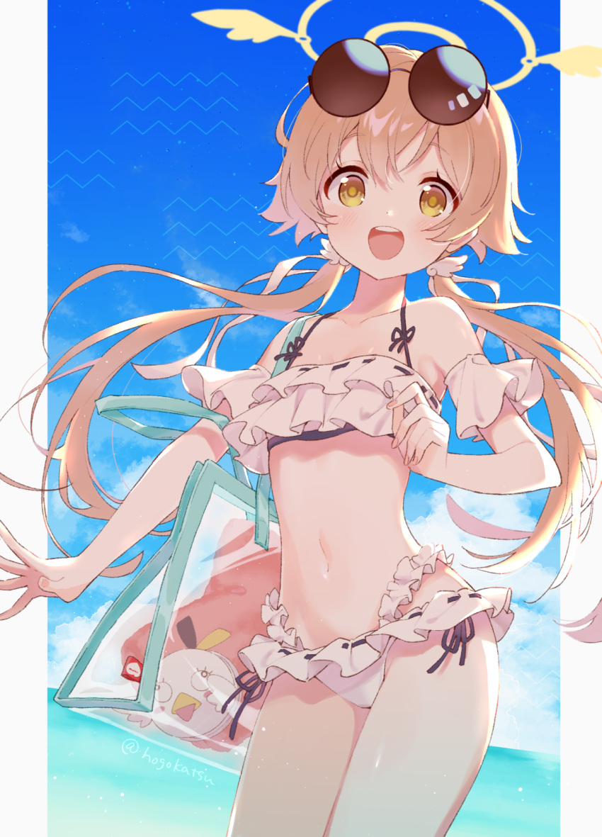 1girl bag blue_archive blush breasts collarbone commentary_request eyewear_on_head hair_between_eyes hifumi_(blue_archive) highres hogokatsu light_brown_hair long_hair low_twintails navel open_mouth small_breasts solo sunglasses swimsuit twintails twitter_username water yellow_eyes