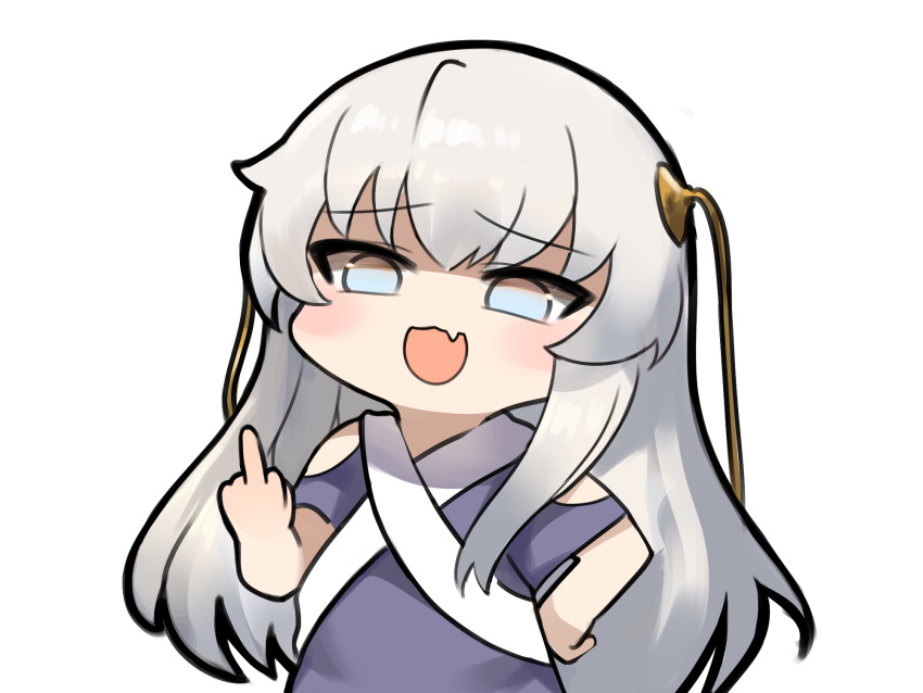 1girl :d blue_dress blue_eyes chibi commentary_request dokomon dress eyebrows_visible_through_hair fang girls_frontline grey_hair hair_over_shoulder hand_on_hip highres korean_commentary long_hair looking_at_viewer middle_finger open_mouth ribeyrolles_(girls'_frontline) shaded_face simple_background skin_fang smile solo upper_body white_background
