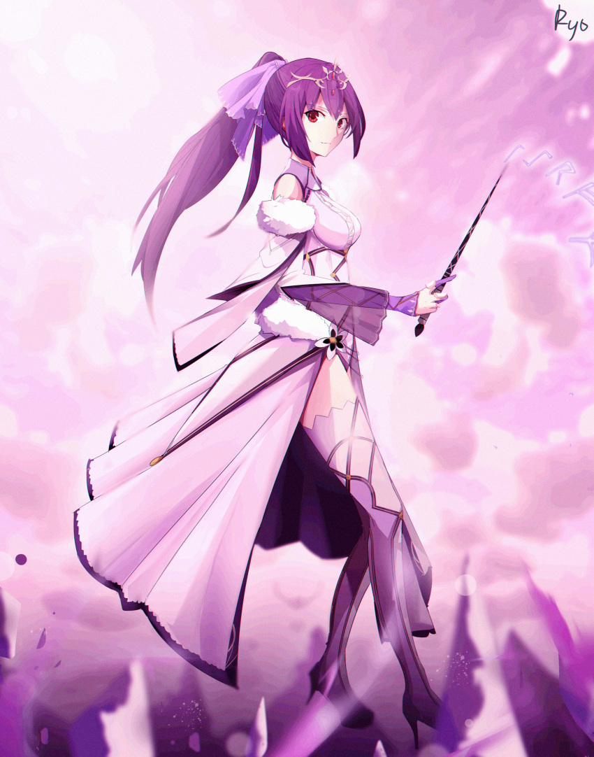 1girl absurdres blue_background blush closed_mouth cowboy_shot dress fate/grand_order fate_(series) hair_ribbon highres holding holding_wand light_particles long_hair looking_at_viewer multicolored multicolored_background ponytail purple_background purple_dress purple_hair purple_legwear purple_ribbon purple_theme red_eyes ribbon ryo_(pixiv63480009) scathach_(fate)_(all) scathach_skadi_(fate/grand_order) sidelocks smile solo standing thigh-highs tiara wand zettai_ryouiki