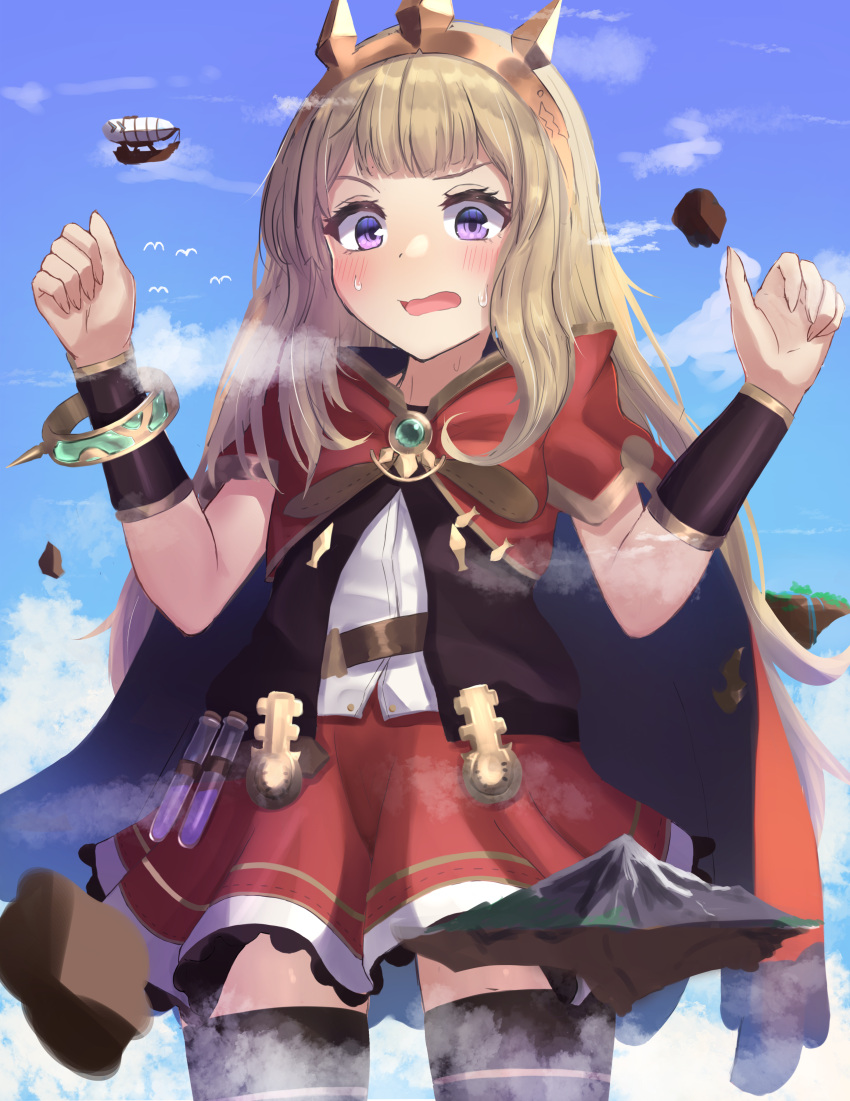 1girl absurdres aircraft airship akagane_mic bangs black_legwear blonde_hair blue_sky blush cagliostro_(granblue_fantasy) cape clouds cowboy_shot floating_island giant giantess granblue_fantasy hairband highres long_hair open_mouth red_cape red_skirt skirt sky solo spiked_hairband spikes standing sweatdrop thigh-highs tiara vial violet_eyes