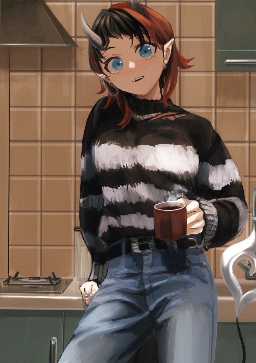 1girl alternate_costume bangs black_hair black_sweater blue_eyes blue_pants breasts chain coffee coffee_mug commentary_request cowboy_shot cup demon_girl demon_horns demon_tail ear_chain ear_piercing earrings gin_(tttetu123) highres holding holding_cup horns indoors jewelry large_breasts looking_at_viewer mug multicolored_hair open_mouth pants piercing pointy_ears redhead ryugasaki_rene short_hair smile solo steam stove striped striped_sweater sugar_lyric sweater tail tile_wall tiles two-tone_hair virtual_youtuber
