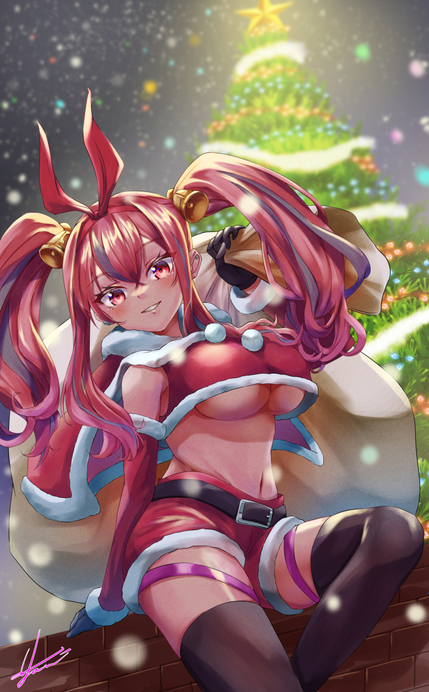 1girl arm_support arm_up azur_lane bangs bare_shoulders bell_hair_ornament belt black_belt black_gloves black_legwear blurry blush breasts bremerton_(azur_lane) brick_wall capelet carrying_over_shoulder check_commentary christmas christmas_tree commentary_request cowboy_shot crop_top crop_top_overhang crossed_bangs depth_of_field detached_sleeves ear_piercing eyebrows_visible_through_hair fur-trimmed_capelet fur-trimmed_shirt fur-trimmed_shorts fur-trimmed_sleeves fur_trim gloves grey_hair groin hair_between_eyes hair_ornament hair_ribbon head_tilt highres holding holding_sack large_breasts long_hair looking_at_viewer mole mole_under_eye multicolored_hair navel night parted_lips piercing pink_eyes pink_hair pink_ribbon red_capelet red_shirt red_shorts red_sleeves ribbon sack shirt short_shorts shorts sidelocks signature sitting sleeveless sleeveless_shirt smile snowing solo stomach streaked_hair thigh-highs thigh_strap twintails two-tone_hair under_boob yam_(yam6056)