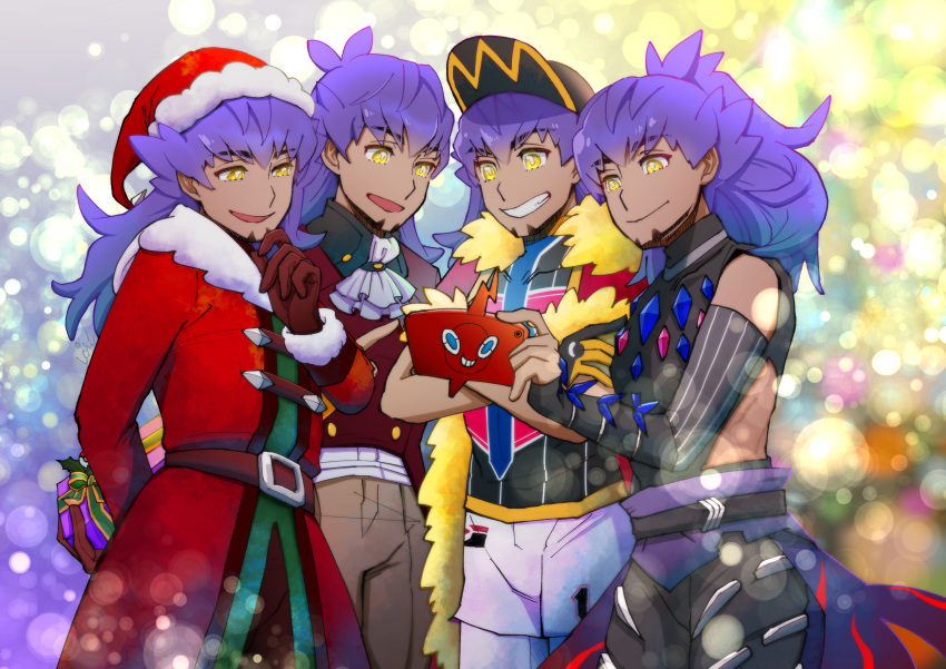 4boys absurdres baseball_cap bright_pupils brown_pants buttons cape champion_uniform closed_mouth coat commentary_request dark-skinned_male dark_skin detached_sleeves facial_hair fur-trimmed_cape fur_trim gift gloves grin hat highres holding holding_gift holding_phone leggings leon_(pokemon) long_hair long_sleeves looking_down male_focus multiple_boys multiple_persona ocyaco official_alternate_costume pants phone pokemon pokemon_(game) pokemon_masters_ex pokemon_swsh purple_hair red_cape red_coat red_headwear rotom rotom_phone santa_hat shirt short_shorts shorts smile tailcoat white_jabot white_legwear white_pupils white_shorts yellow_eyes