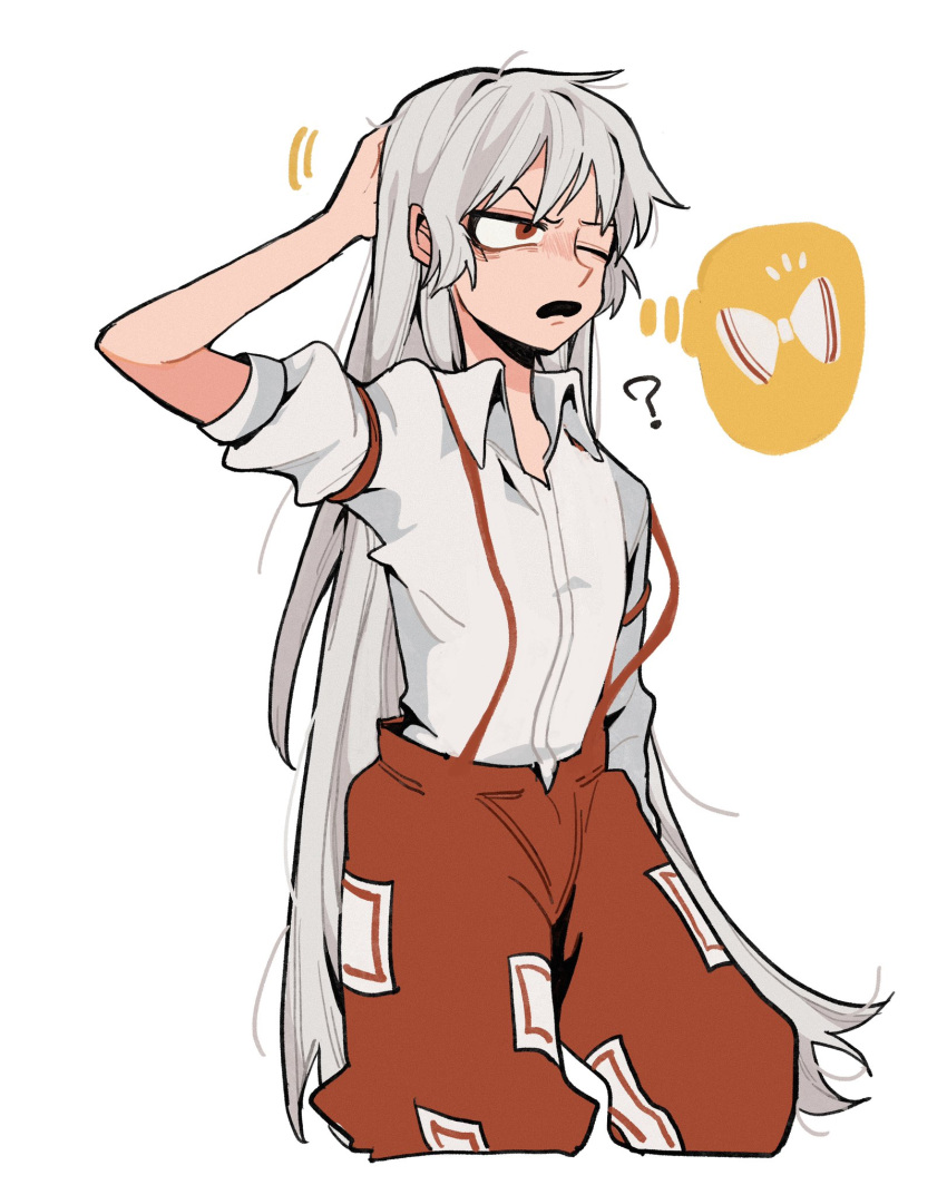 1girl ? bow collared_shirt fujiwara_no_mokou highres iampenguinj long_hair no_headwear open_mouth pants red_eyes shirt short_sleeves silver_hair simple_background solo standing suspenders thought_bubble touhou very_long_hair white_background white_shirt