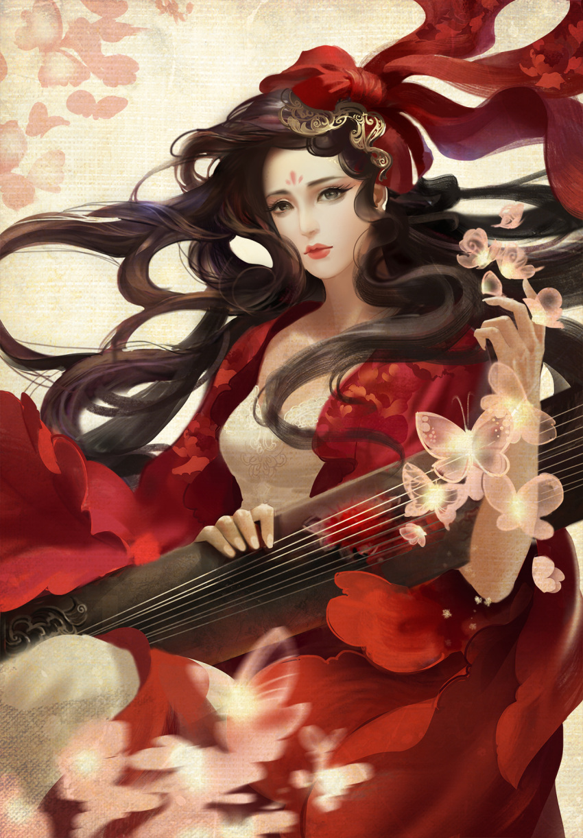 1girl black_hair bug butterfly dress facepaint floral_background highres holding holding_instrument instrument jjlovely long_hair looking_at_viewer open_clothes open_dress original red_dress red_headwear red_lips shirt solo tagme white_shirt