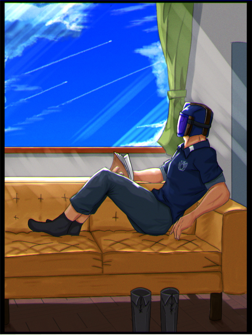 1boy air_raider_(edf) black_border book boots boots_removed border contrail couch earth_defence_force_5 earth_defense_force helmet highres indoors male_focus muscular muscular_male polo_shirt reclining sirobasira sky socks solo window
