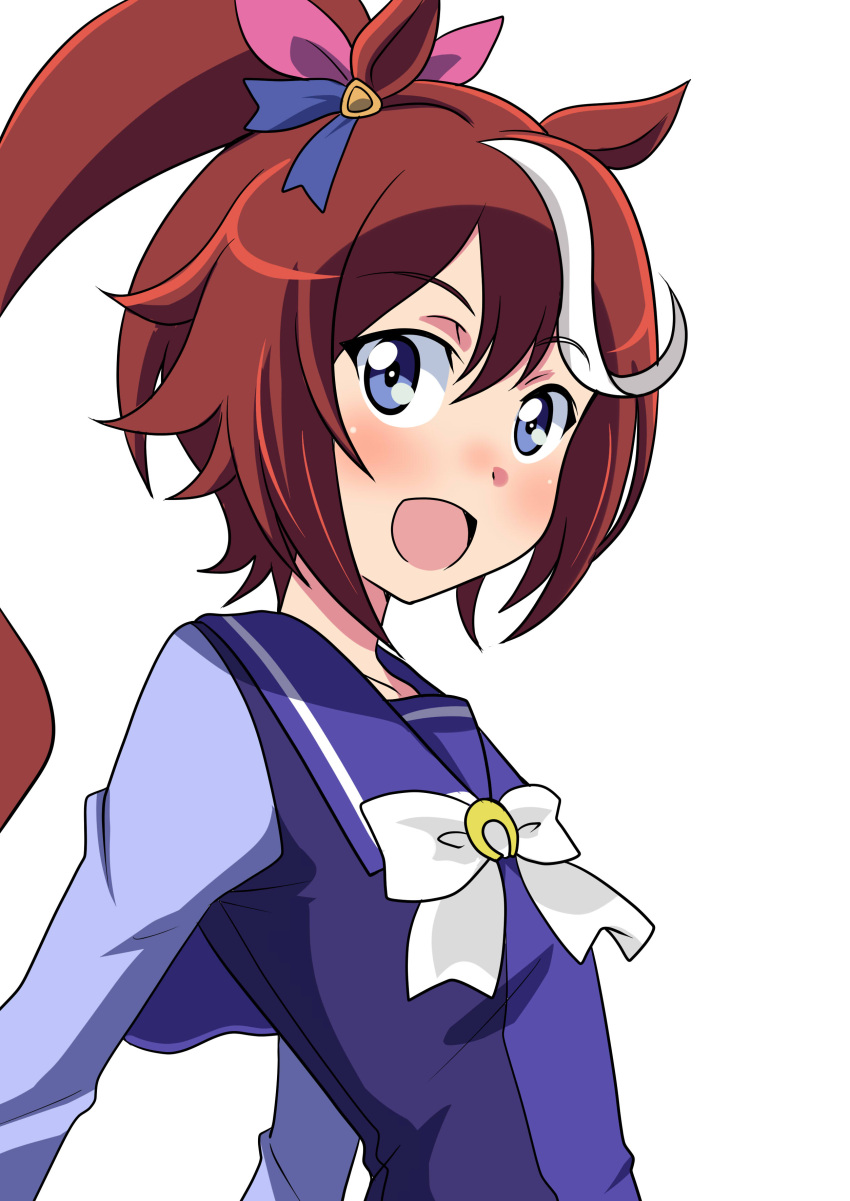 1girl :d absurdres animal_ears bangs blouse blue_blouse blue_eyes blue_sailor_collar bow brown_hair commentary_request ear_ribbon from_side hair_ribbon highres horse_ears horse_girl light_blush long_hair looking_at_viewer multicolored_hair open_mouth ponytail ribbon sailor_collar school_uniform simple_background smile solo streaked_hair tokai_teio_(umamusume) tracen_school_uniform umamusume wakku_kan white_background white_bow white_hair
