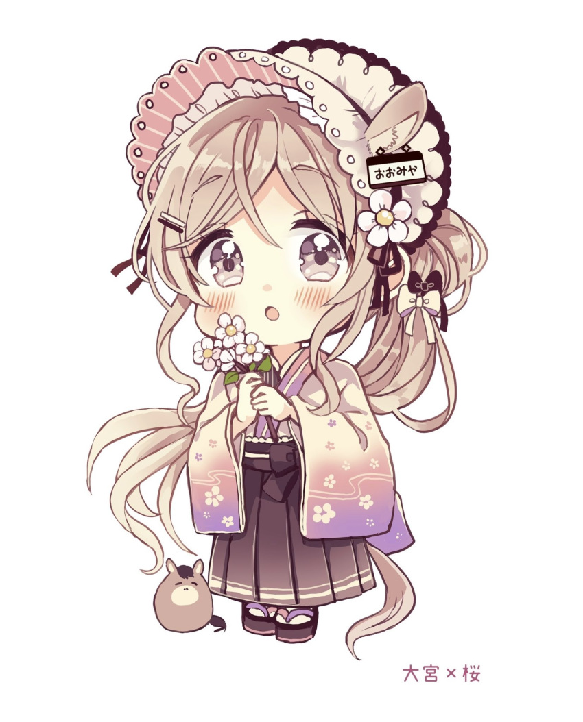 1girl :o animal_ear_fluff animal_ears bangs black_footwear black_skirt blush bonnet brown_eyes brown_hair chibi eyebrows_visible_through_hair flower full_body hair_between_eyes highres holding holding_flower horse horse_ears horse_girl horse_tail japanese_clothes kimono long_hair long_sleeves looking_at_viewer original parted_bangs parted_lips pleated_skirt ponytail sakura_oriko simple_background skirt socks solo standing tabi tail translation_request very_long_hair white_background white_flower white_headwear white_kimono white_legwear wide_sleeves zouri