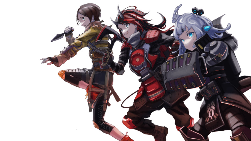 1boy 2girls absurdres and_uge apex_legends axe bangs black-framed_eyewear black_hair black_pants bloodhound_(apex_legends) bloodhound_(apex_legends)_(cosplay) blue_eyes brown_hair character_request closed_mouth commentary_request cosplay demon_girl demon_horns demon_tail feet_out_of_frame fingerless_gloves gin_(tttetu123) gloves grey_hair head_wings highres holding holding_axe holding_knife horns jacket knee_pads knife long_hair looking_afar multicolored_hair multiple_girls pants pointy_ears pouch real_life redhead ryugasaki_rene shield short_hair shoulder_pads simple_background single_head_wing smile sudetaki sugar_lyric tactical_clothes tail transparent_background two-tone_hair v_ap_art virtual_youtuber yellow_jacket