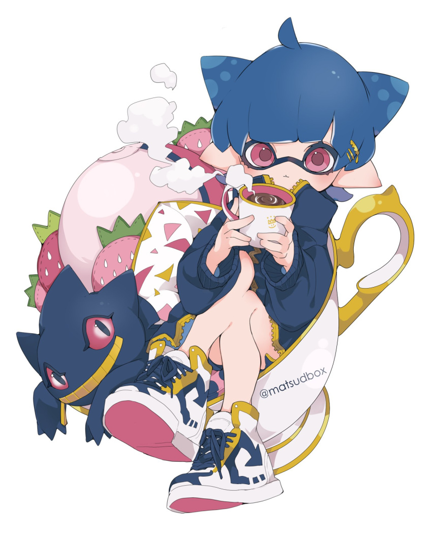 1girl animal_ears banette bangs blue_hair blue_jacket blue_shorts closed_mouth cup food fruit full_body highres holding holding_cup inkling jacket knees_together_feet_apart long_sleeves looking_at_viewer matsushita_(matsudbox) pillow pink_eyes pointy_ears poke_ball pokemon shoes short_hair short_shorts shorts sitting smoke splatoon_(series) strawberry teacup twitter_username white_footwear